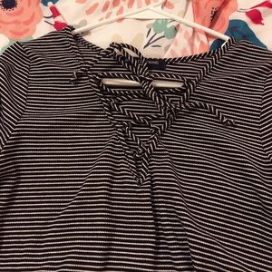 striped criss cross string tee shirt